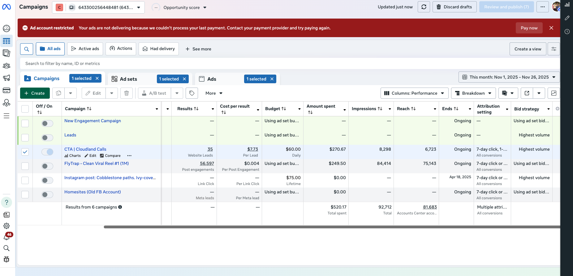 Cloudland Station Meta ads results after launch, view three
