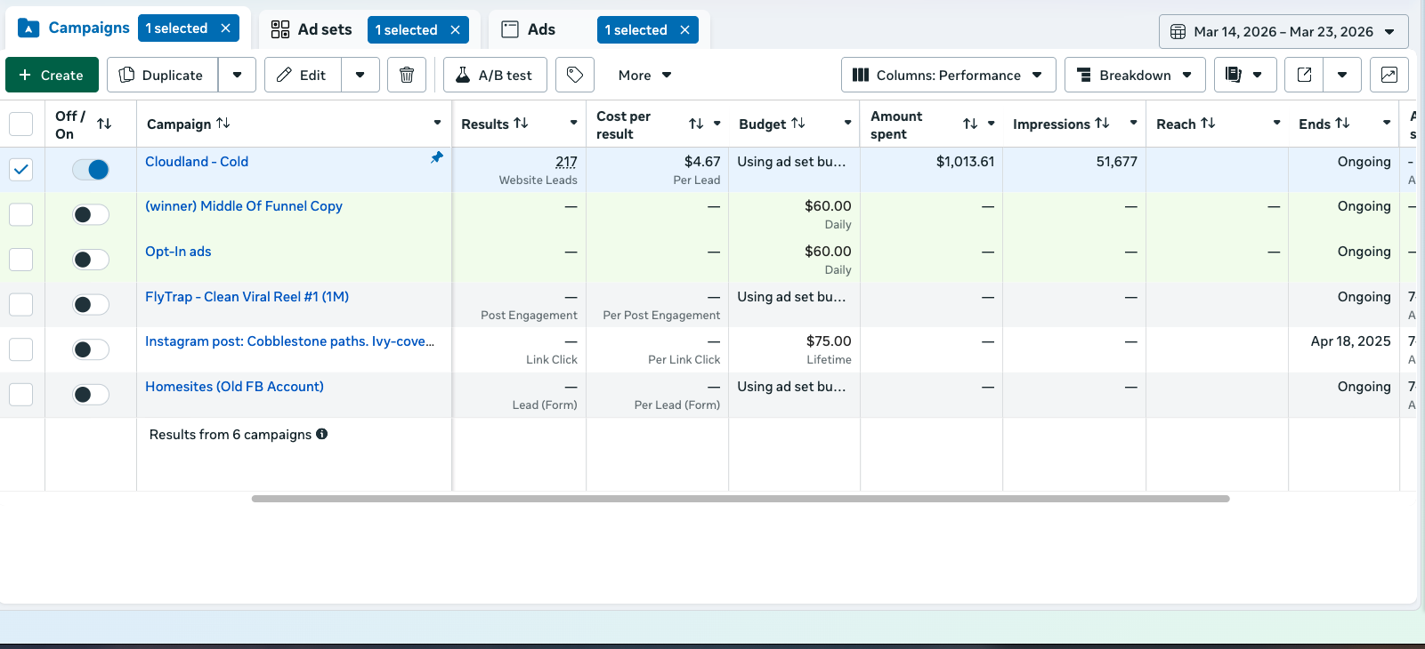 Cloudland Station Meta ads results after launch, view two