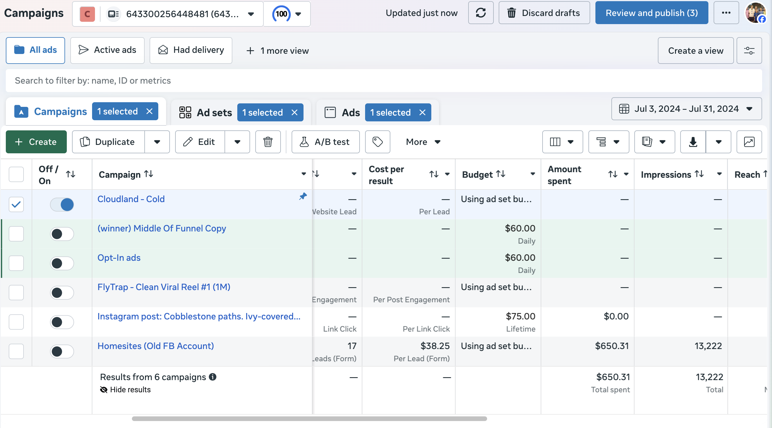 Cloudland Station Meta ads results before the new system, view one